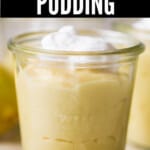 lemon pudding in individual serving jars with text