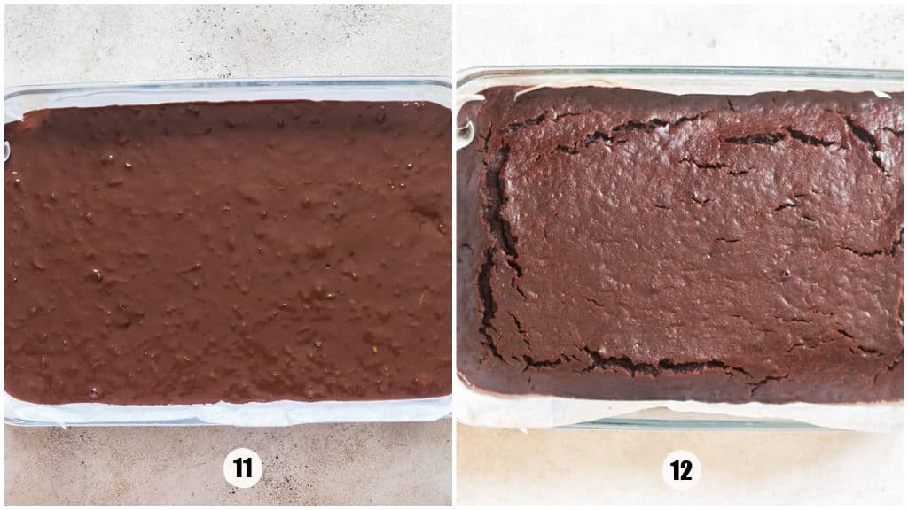 chocolate brownies made using zucchini in a baking dish.