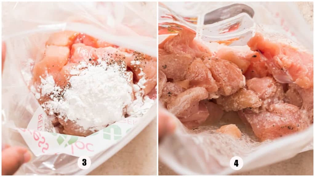 coating chicken in flour mix in a zip lock bag.