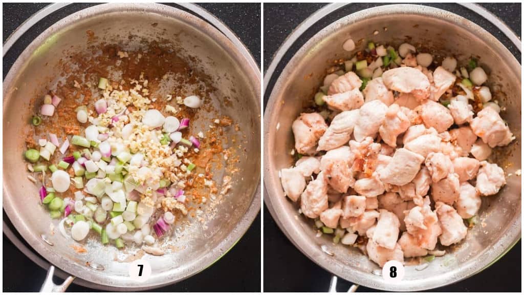 making saucy chicken with whole cashews in a skillet.