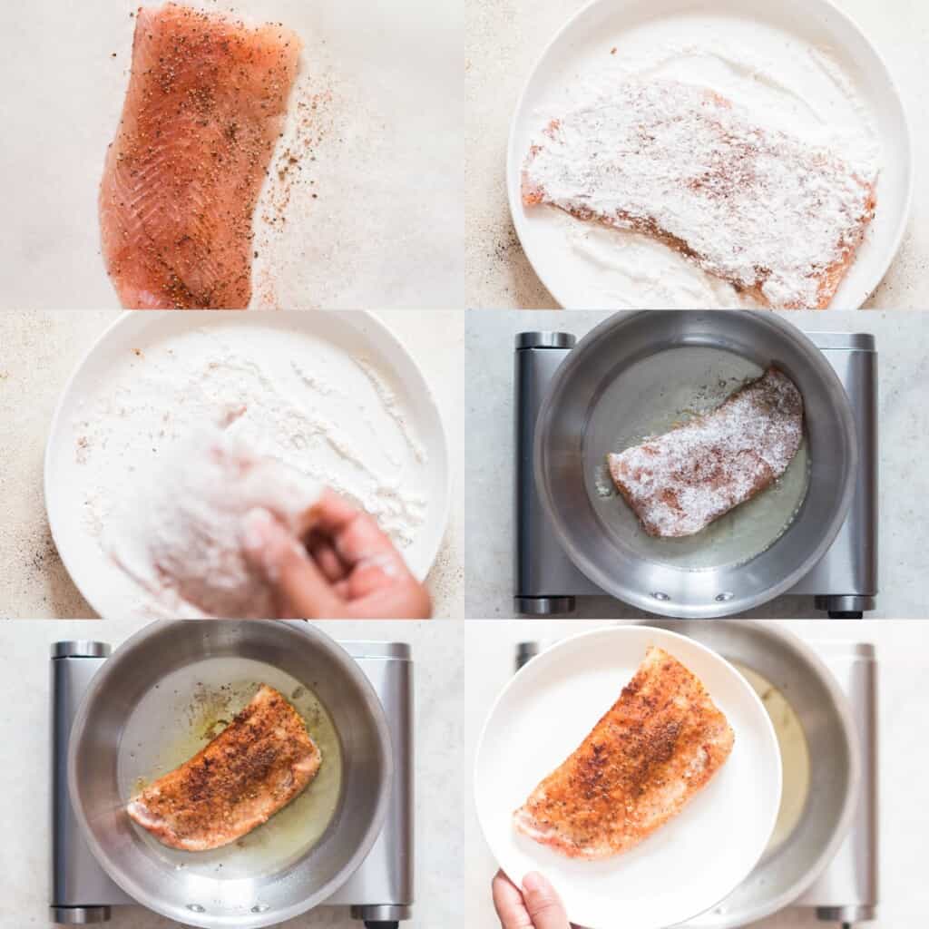 step by step pictorial collage of pan fried fish