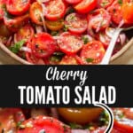 summer cherry tomato salad in a wooden salad bowl with text over it.