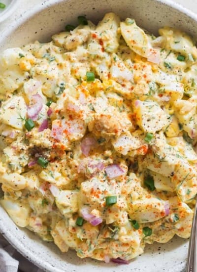 classic egg salad in a bowl.