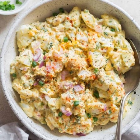 classic egg salad in a bowl.