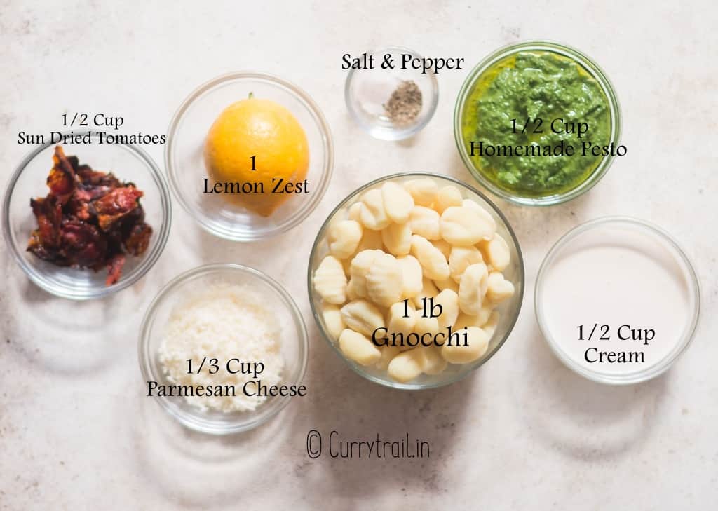 all ingredients for pesto gnocchi on board