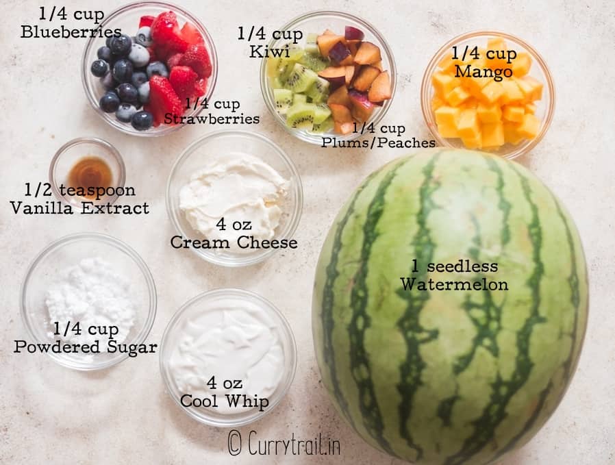 all ingredients for watermelon pizza arranged on white board