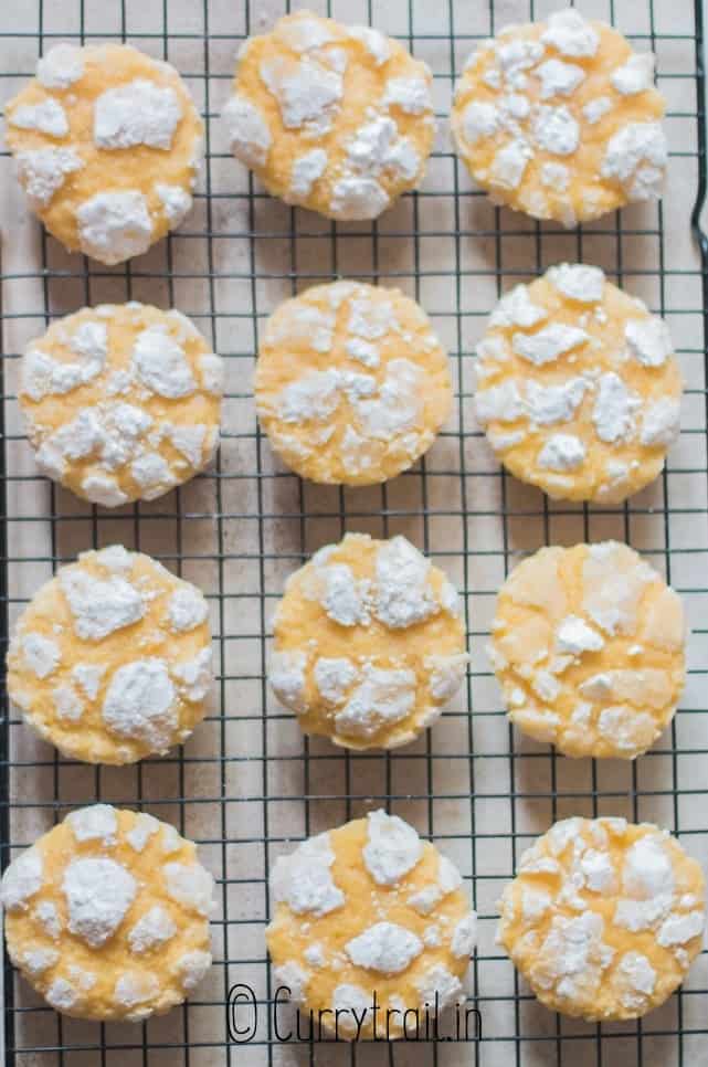 crinkled lemon cookies on wire rack