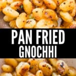 pan fried gnocchi cooked in skillet with text overlay