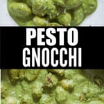 creamy gnocchi in pesto cream sauce in bowl with text