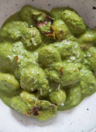 pesto gnocchi in bowl