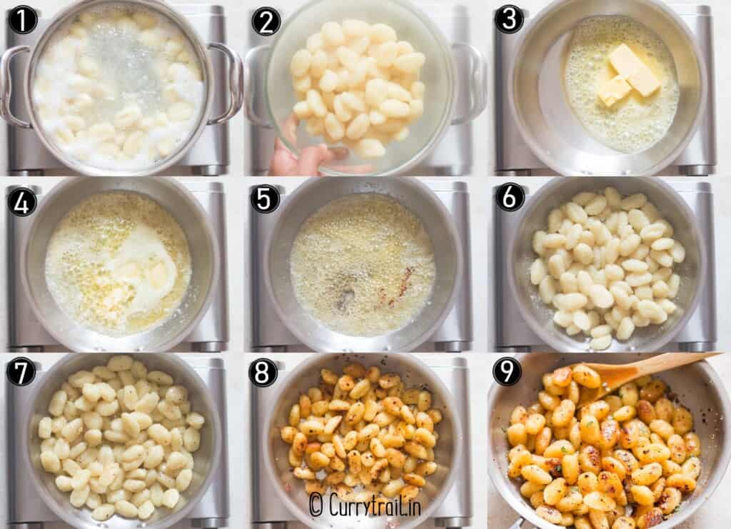 step by step picture collage of pan fried gnocchi