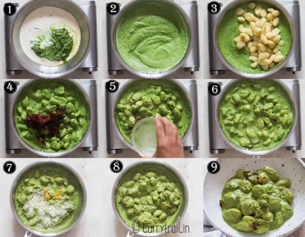 step by step picture collage of pesto gnocchi