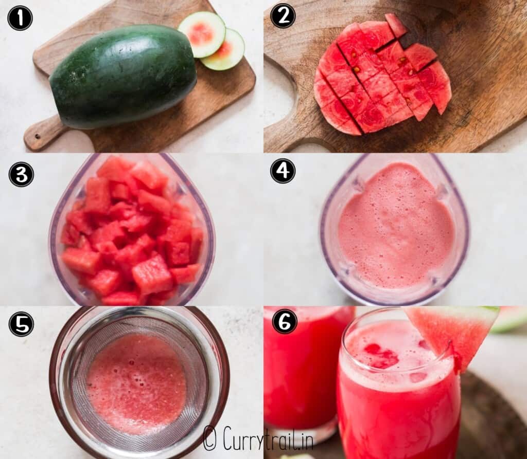 step by step picture collage of watermelon juice