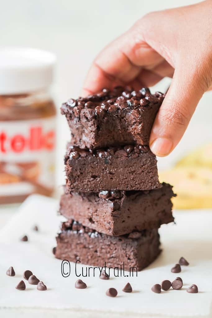 close up view of 3 ingredient brownies made of banana Nutella and cocoa powder