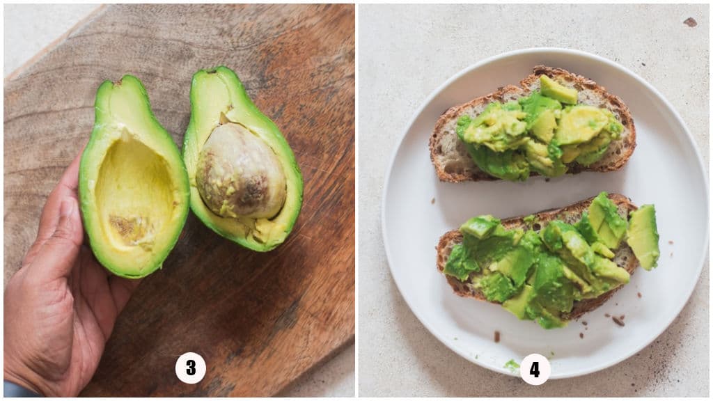 adding avocado over bread toast.