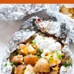 potatoes packed in aluminum foil with text.