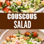 Israeli couscous salad in bowl with text