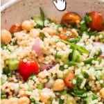 Israeli couscous salad in bowl with text