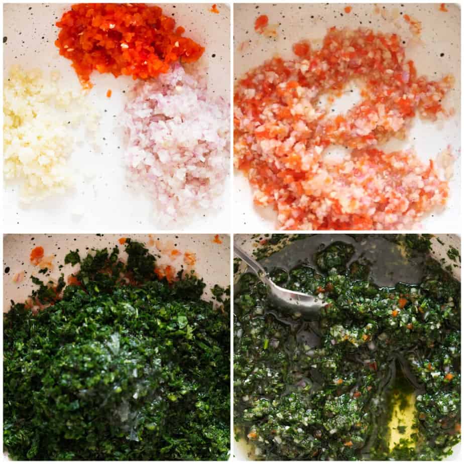 step by step picture collage of making chimichurri sauce.