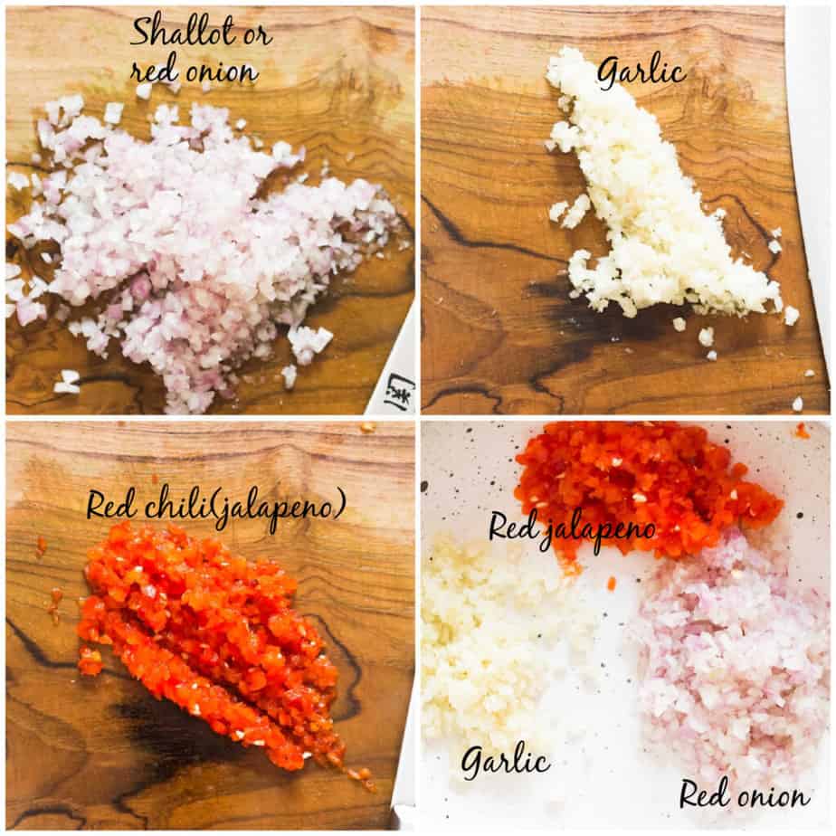 chopping ingredients on a wooden board for herb sauce.