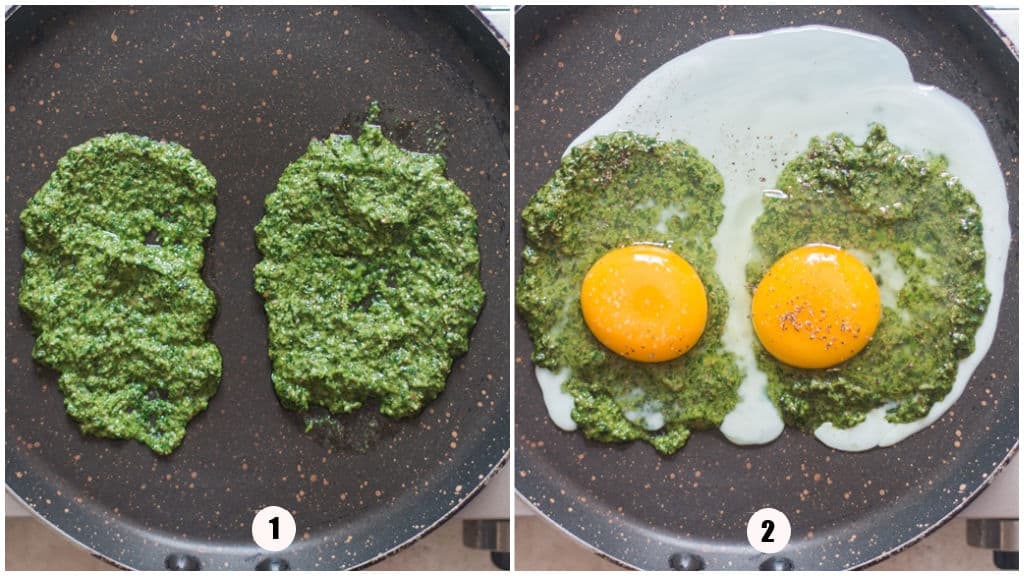 heating pesto to make pesto eggs.