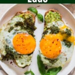 pesto eggs on avocado toast with text overlay