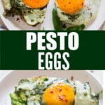 pesto eggs on avocado toast with text overlay