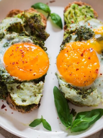 pesto eggs on avocado toast.