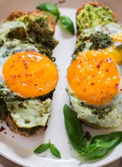 pesto eggs on avocado toast.