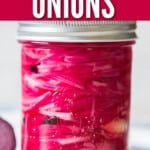 pickled onion in a jar with text