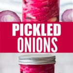 pickled onion in a jar with text