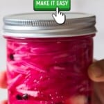 pickled onion in a jar with text