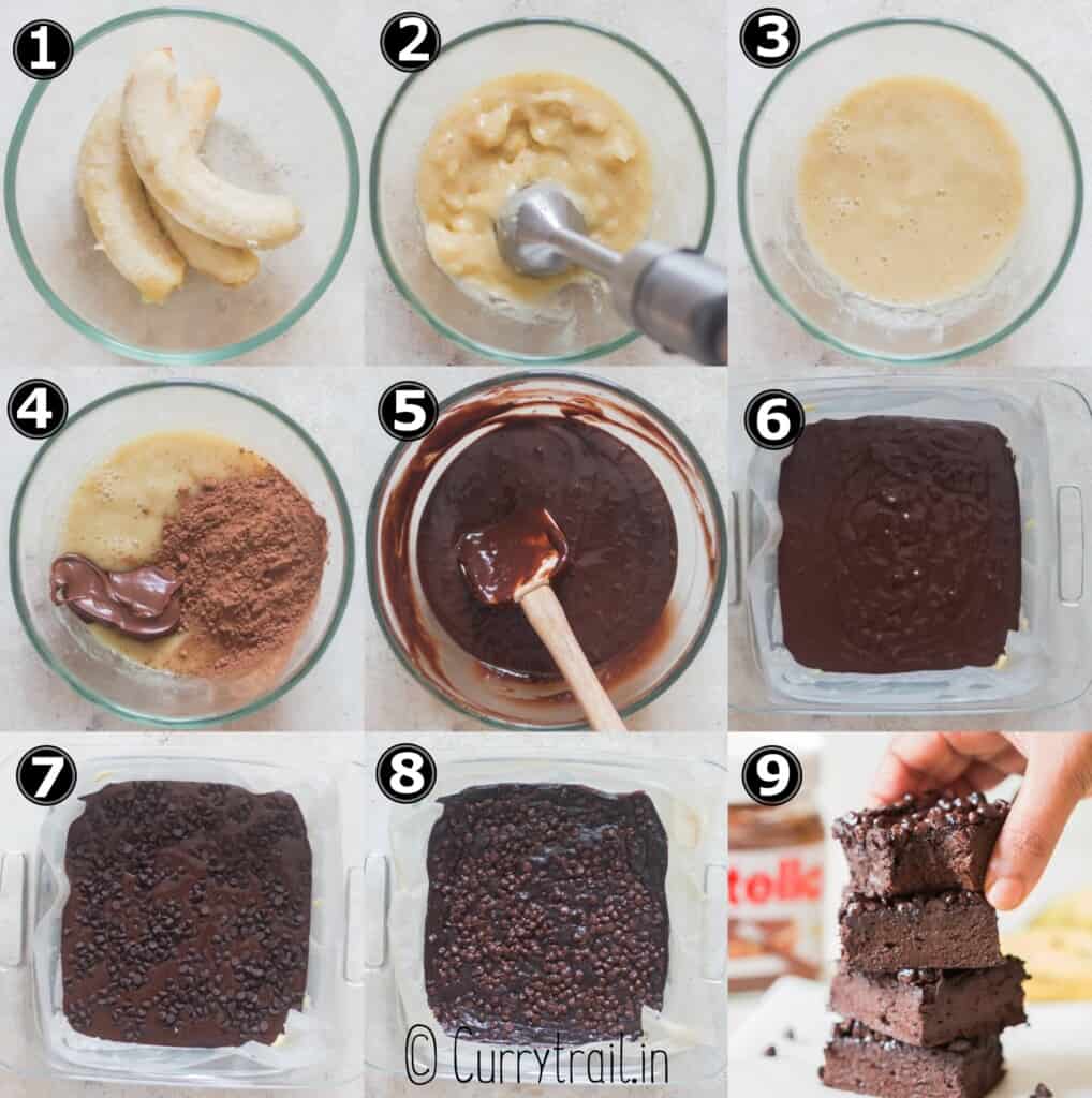 step by step picture collage of Nutella banana brownies