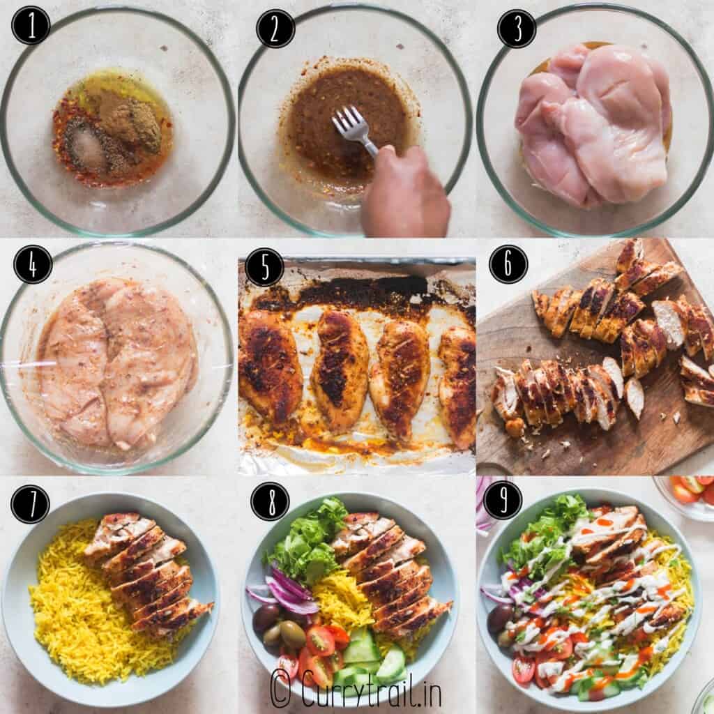 step by step pictorial collage of how to make chicken shawarma bowl