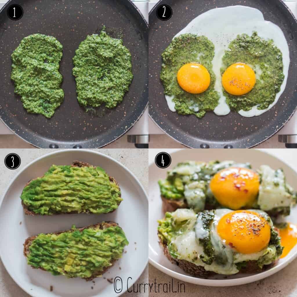 step by step picture collage of making pesto eggs