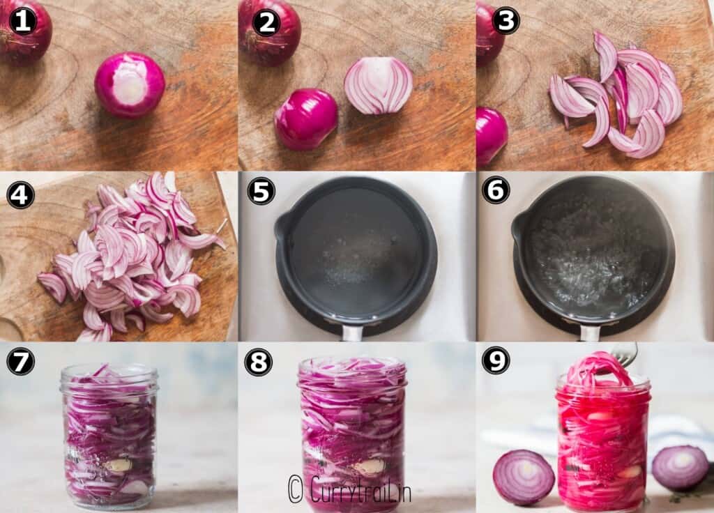 step by step picture collage of refrigerator pickled red onion