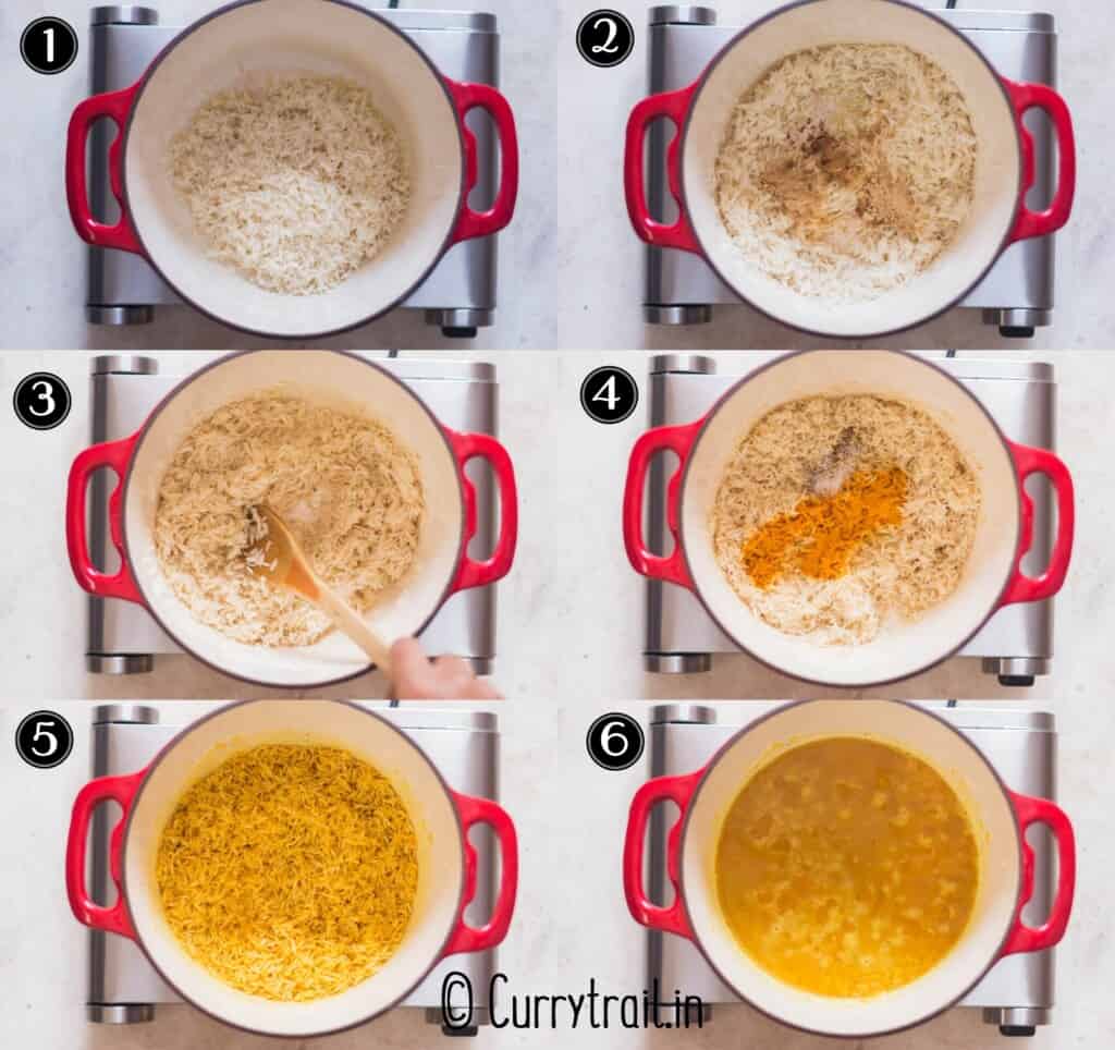 step by step picture collage on how to make yellow rice
