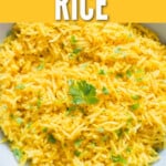 vibrant turmeric rice in bowl with text