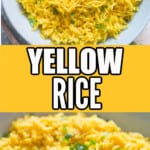 vibrant turmeric rice in bowl with text