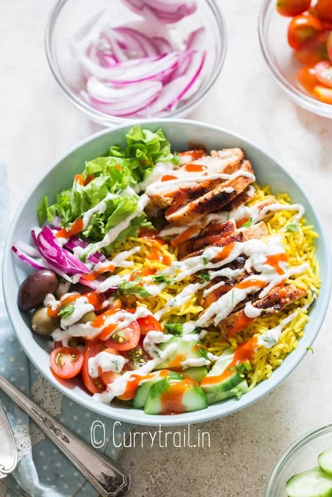 yellow rice and chicken shawarma bowl ingredients