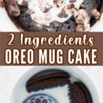 mug cake made of oreo and milk served with whipped cream and oreo crumbs on top with text