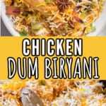 chicken dum biryani in bowl with text