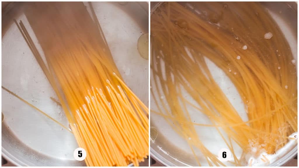 spaghetti pasta cooked in boiling water in a large pot.