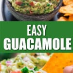 guacamole in a bowl with nacho chips with text.