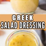 Greek salad dressing in mason jar with text overlay