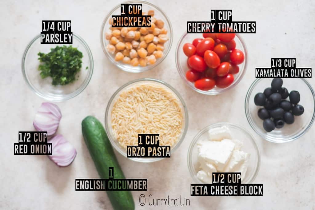 all ingredients for Greek orzo pasta salad