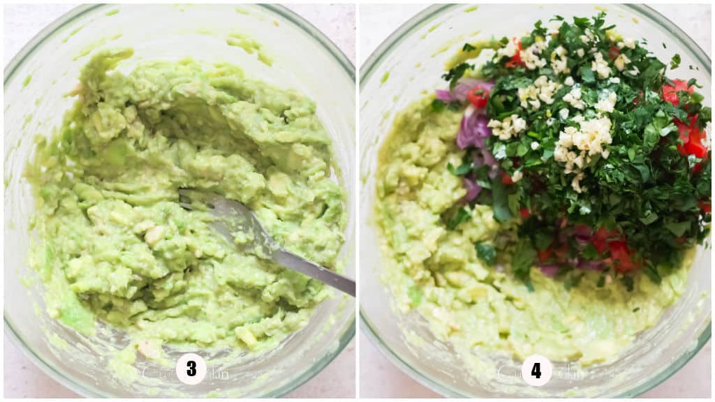 picture collage of making homemade chunky guacamole.