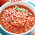 easy marinara sauce in bowl with text overlay
