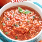 easy marinara sauce in bowl with text overlay