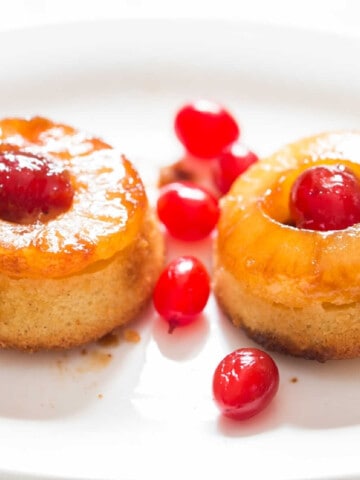 close up view of upside-down mini pineapple cakes